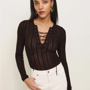 Reformation Nadia Merino Wool Lace-Up Sweater Brown Medium